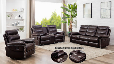 Three-piece dark brown leather reclining living room set