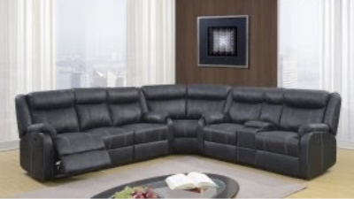 black leather sectional with coffee table display