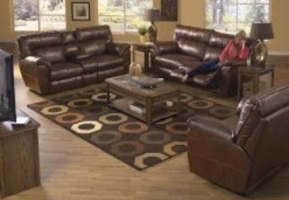 3 brown leather reclining loveseat with coffee table display