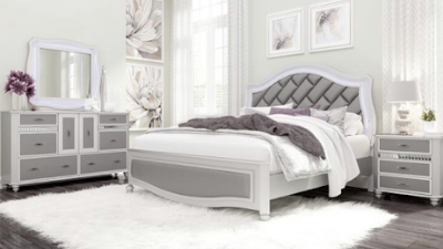 grey and white wooden 5-piece bedroom set
