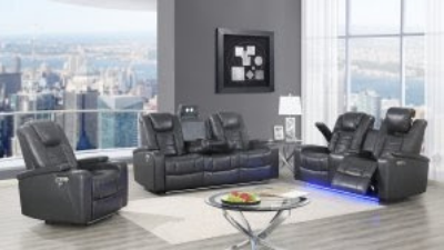 grey leather three-piece reclining living room set